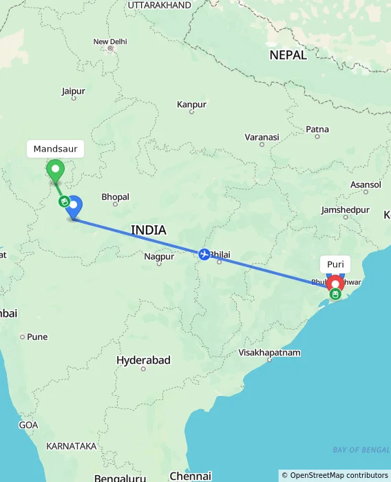 Route map showing distance and travel time from Mandsaur, India to Puri, India