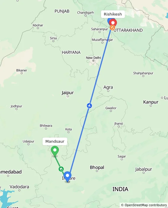 Route map showing distance and travel time from Mandsaur, India to Rishikesh, India