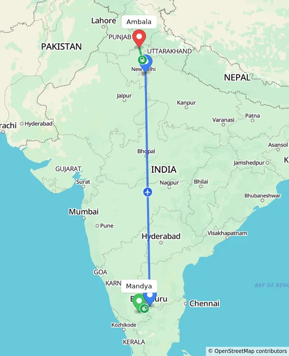 Route map showing distance and travel time from Mandya, India to Ambala, India