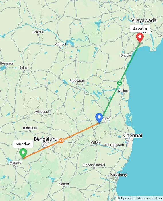 Route map showing distance and travel time from Mandya, India to Bapatla, India
