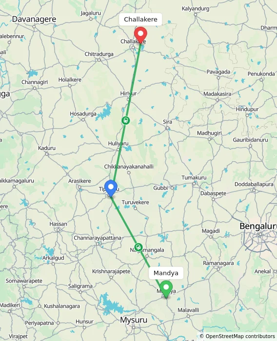 Route map showing distance and travel time from Mandya, India to Challakere, India
