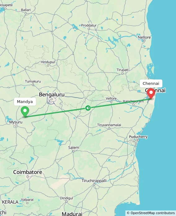 Route map showing distance and travel time from Mandya, India to Chennai, India