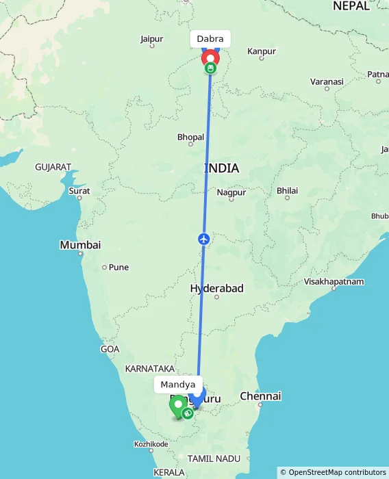 Route map showing distance and travel time from Mandya, India to Dabra, India