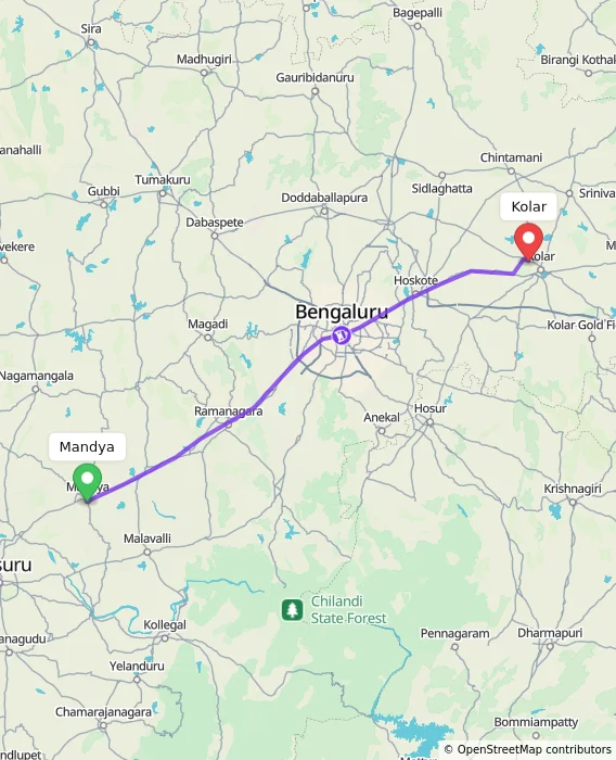 Route map showing distance and travel time from Mandya, India to Kolar, India