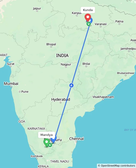 Route map showing distance and travel time from Mandya, India to Kunda, India