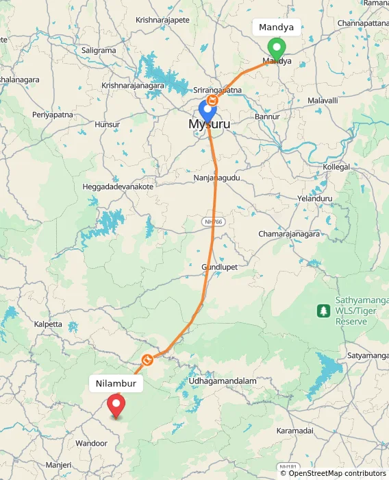 Route map showing distance and travel time from Mandya, India to Nilambur, India