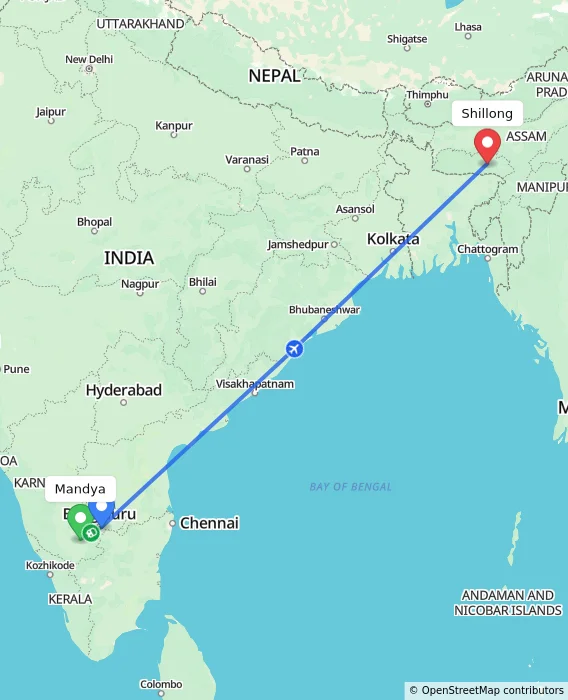 Route map showing distance and travel time from Mandya, India to Shillong, India