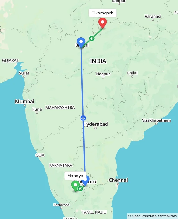 Route map showing distance and travel time from Mandya, India to Tikamgarh, India