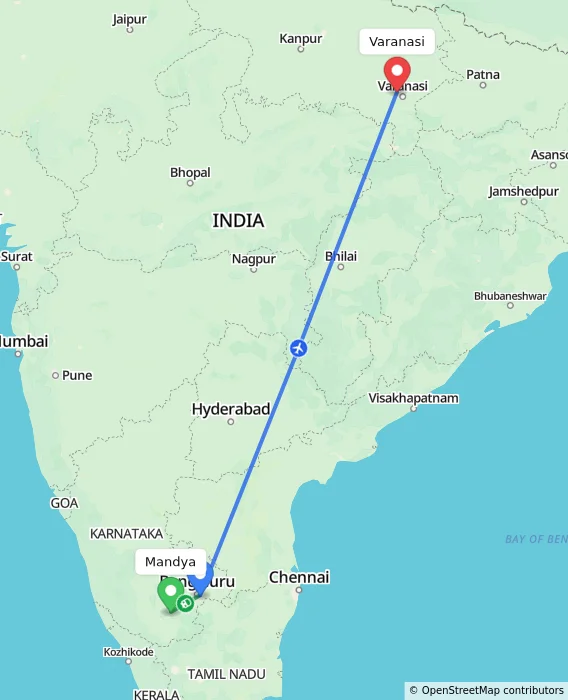 Route map showing distance and travel time from Mandya, India to Varanasi, India