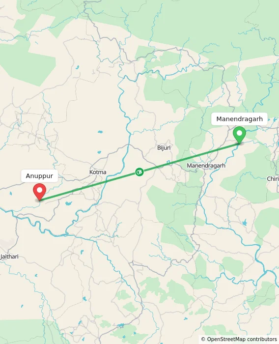 Route map showing distance and travel time from Manendragarh, India to Anuppur, India