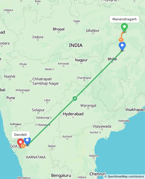 Route map showing distance and travel time from Manendragarh, India to Dandeli, India