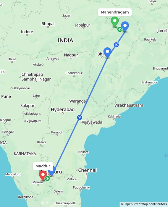 Route map showing distance and travel time from Manendragarh, India to Maddur, India