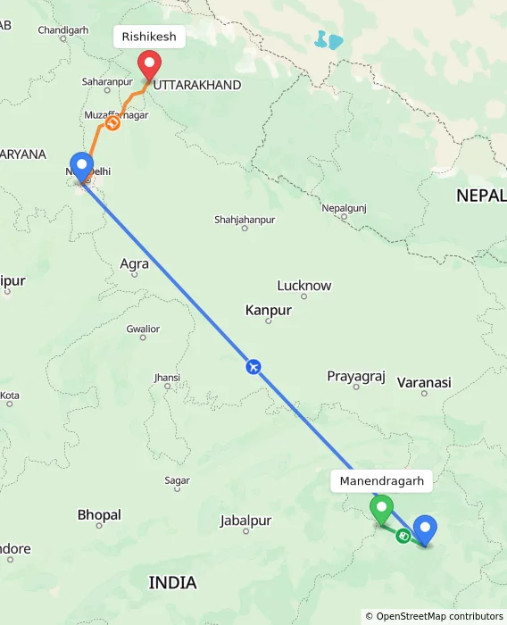 Route map showing distance and travel time from Manendragarh, India to Rishikesh, India