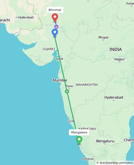 Route map showing distance and travel time from Mangalore, India to Bhinmal, India