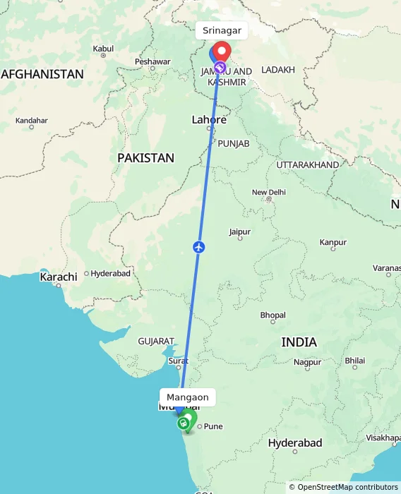 Route map showing distance and travel time from Mangaon, India to Srinagar, India