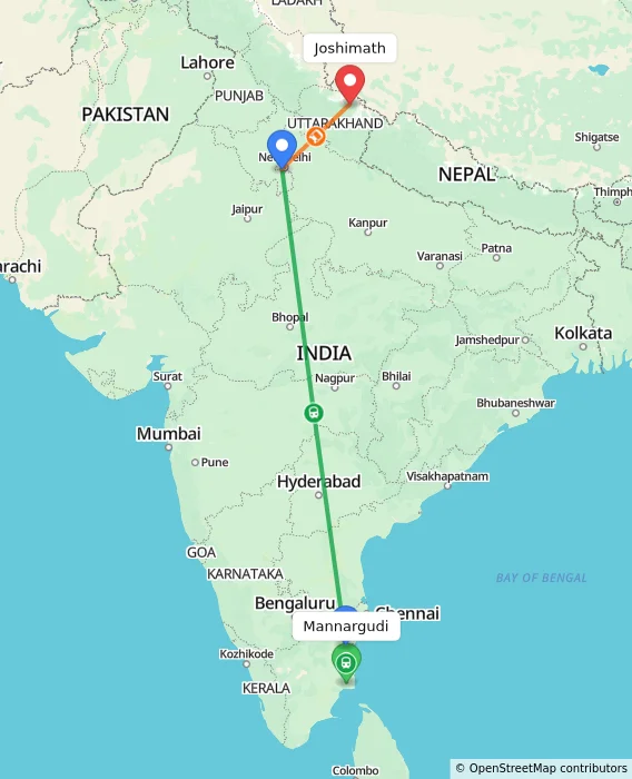 Route map showing distance and travel time from Mannargudi, India to Joshimath, India