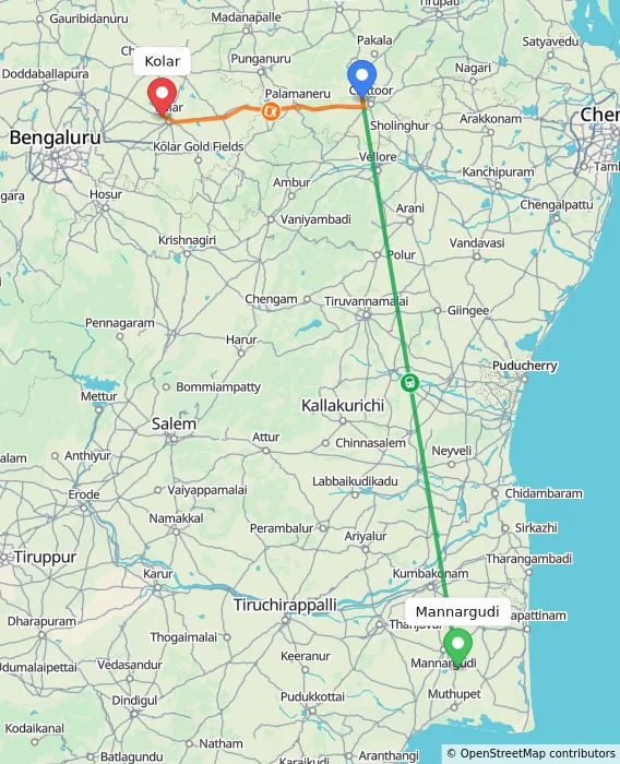 Route map showing distance and travel time from Mannargudi, India to Kolar, India