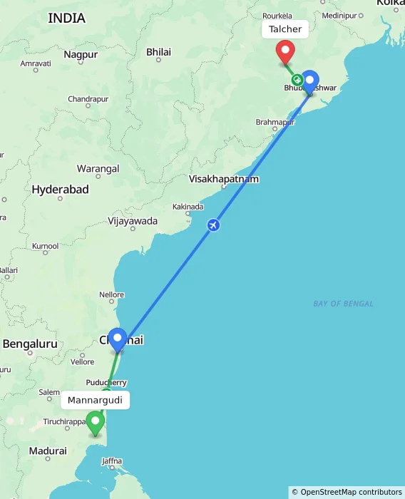 Route map showing distance and travel time from Mannargudi, India to Talcher, India