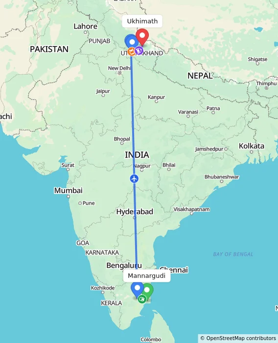Route map showing distance and travel time from Mannargudi, India to Ukhimath, India