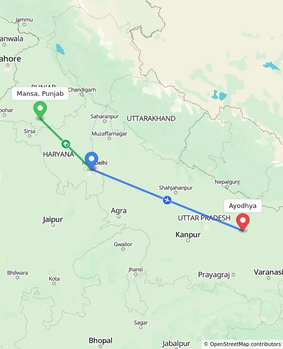 Route map showing distance and travel time from Mansa, Punjab, India to Ayodhya, India