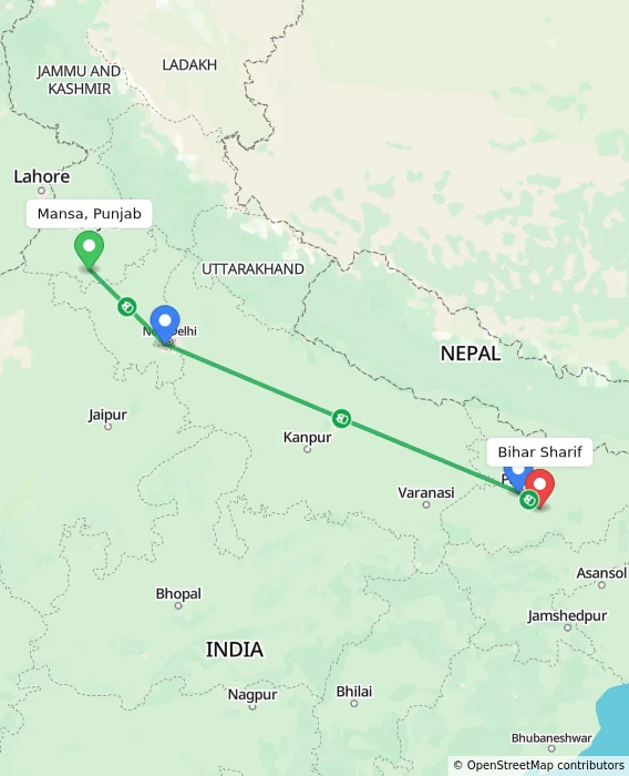 Route map showing distance and travel time from Mansa, Punjab, India to Bihar Sharif, India
