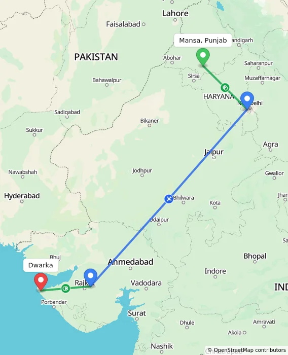 Route map showing distance and travel time from Mansa, Punjab, India to Dwarka, India