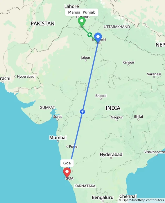Route map showing distance and travel time from Mansa, Punjab, India to Goa, India