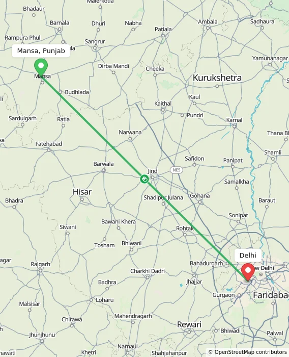 Route map showing distance and travel time from Mansa, Punjab, India to Delhi, India