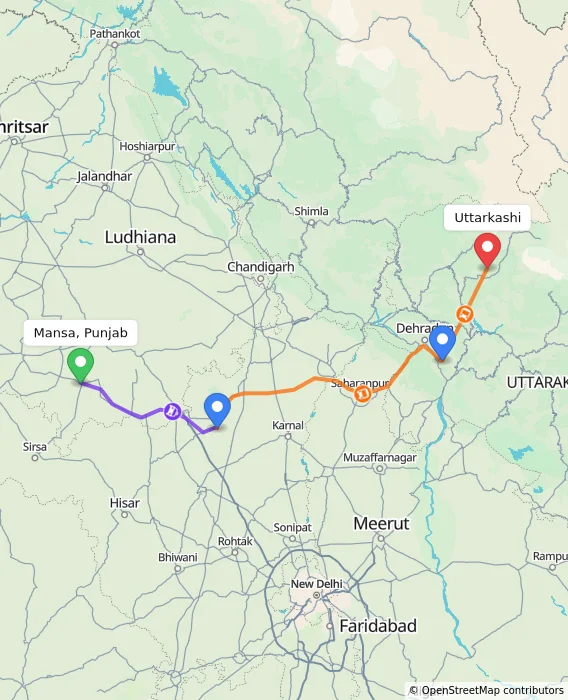 Route map showing distance and travel time from Mansa, Punjab, India to Uttarkashi, India