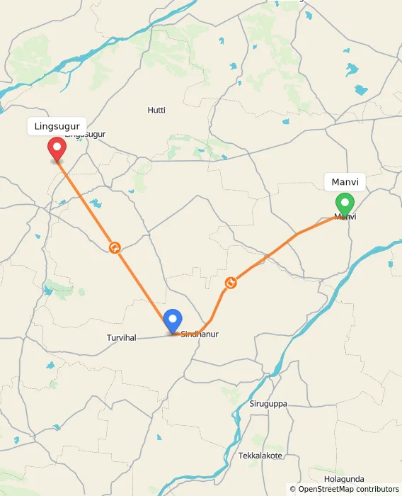 Route map showing distance and travel time from Manvi, India to Lingsugur, India