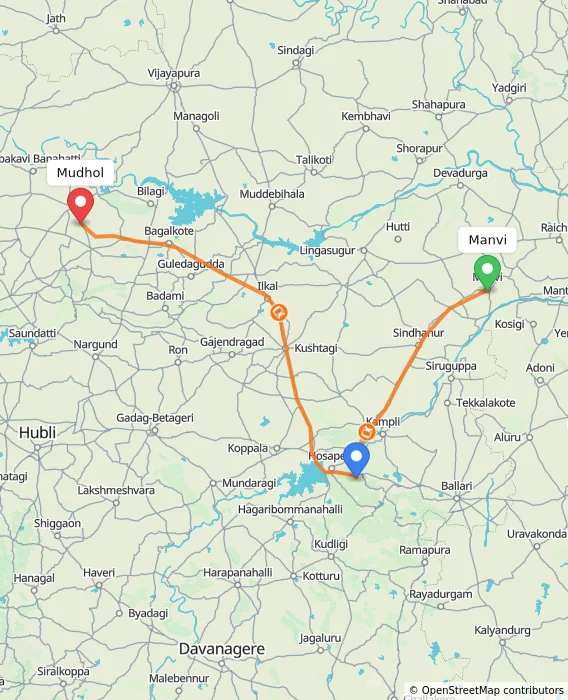 Route map showing distance and travel time from Manvi, India to Mudhol, India