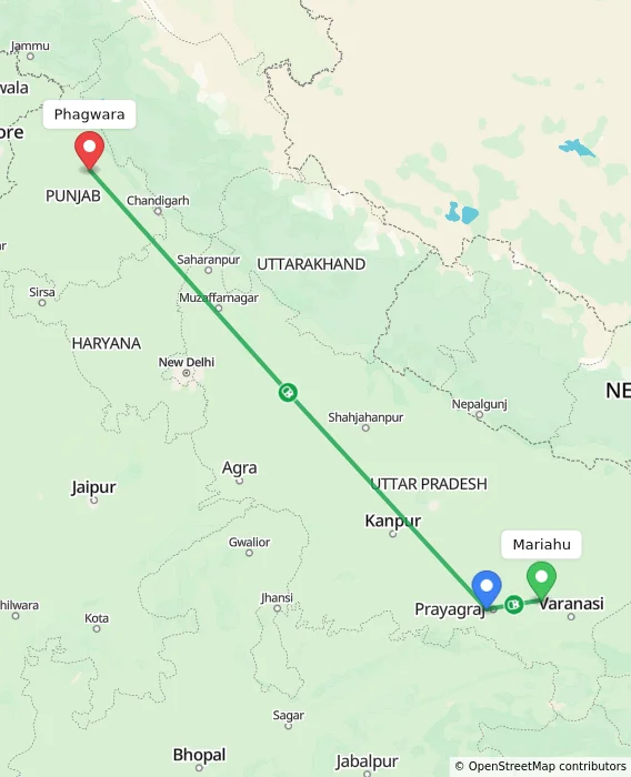 Route map showing distance and travel time from Mariahu, India to Phagwara, India