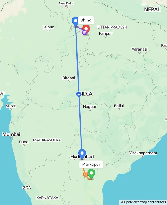 Route map showing distance and travel time from Markapur, India to Bhind, India