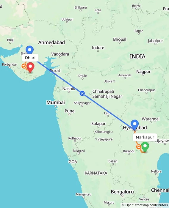Route map showing distance and travel time from Markapur, India to Dhari, India