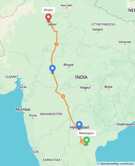 Route map showing distance and travel time from Markapur, India to Khatu, India