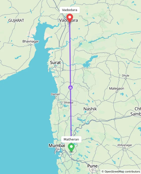 Route map showing distance and travel time from Matheran, India to Vadodara, India