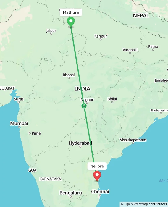 Route map showing distance and travel time from Mathura, India to Nellore, India