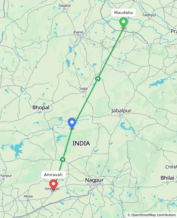 Route map showing distance and travel time from Maudaha, India to Amravati, India