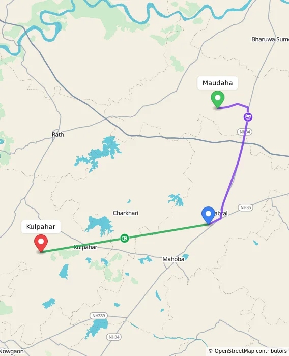 Route map showing distance and travel time from Maudaha, India to Kulpahar, India