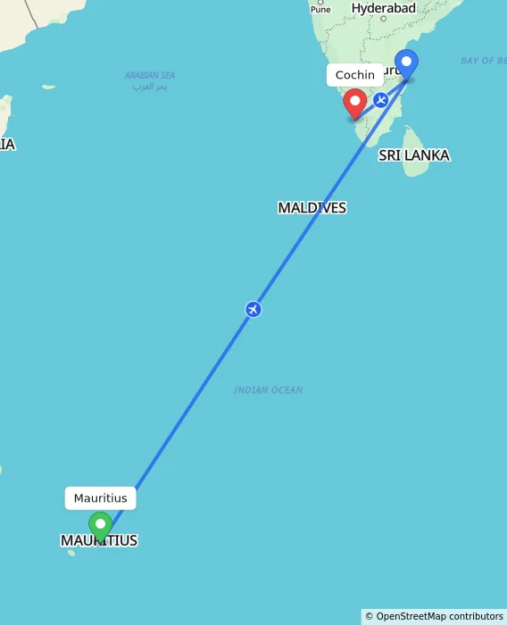 Route map showing distance and travel time from Mauritius, Mauritius to Cochin, India