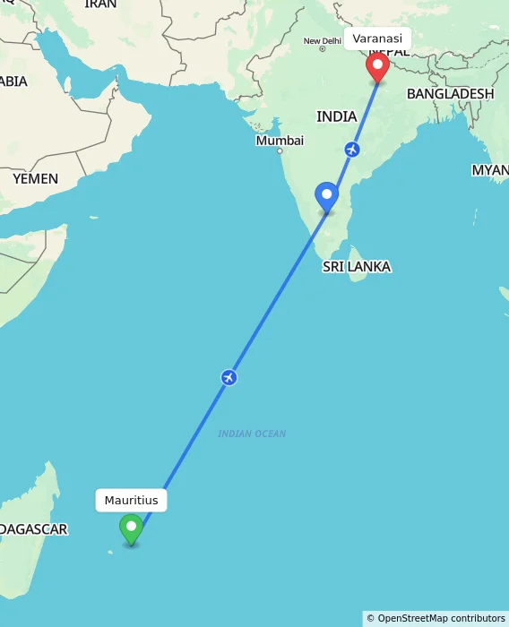 Route map showing distance and travel time from Mauritius, Mauritius to Varanasi, India