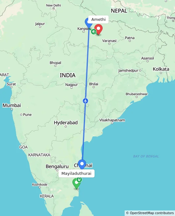 Route map showing distance and travel time from Mayiladuthurai, India to Amethi, India