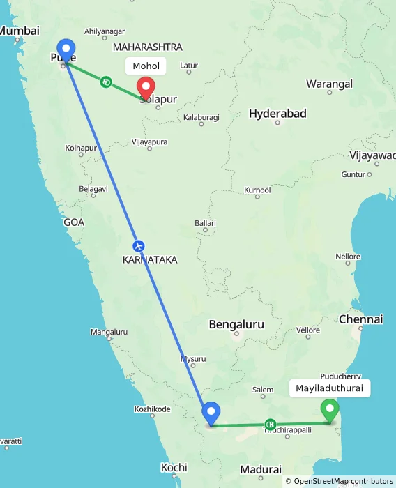 Route map showing distance and travel time from Mayiladuthurai, India to Mohol, India