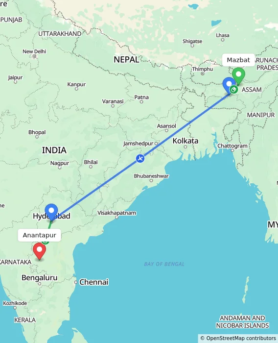 Route map showing distance and travel time from Mazbat, India to Anantapur, India