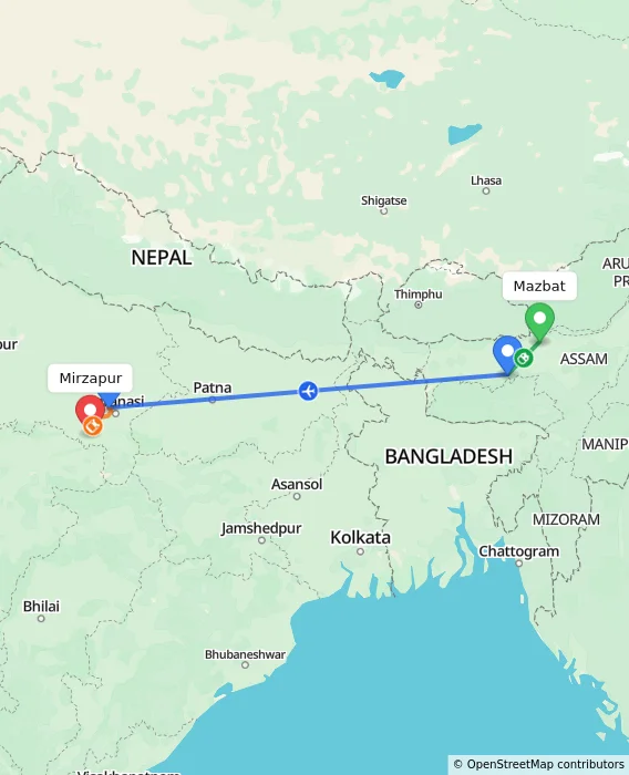 Route map showing distance and travel time from Mazbat, India to Mirzapur, India