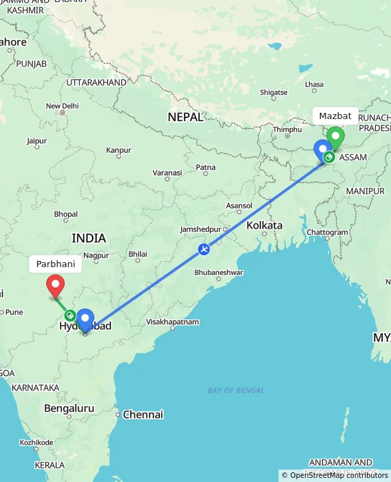 Route map showing distance and travel time from Mazbat, India to Parbhani, India
