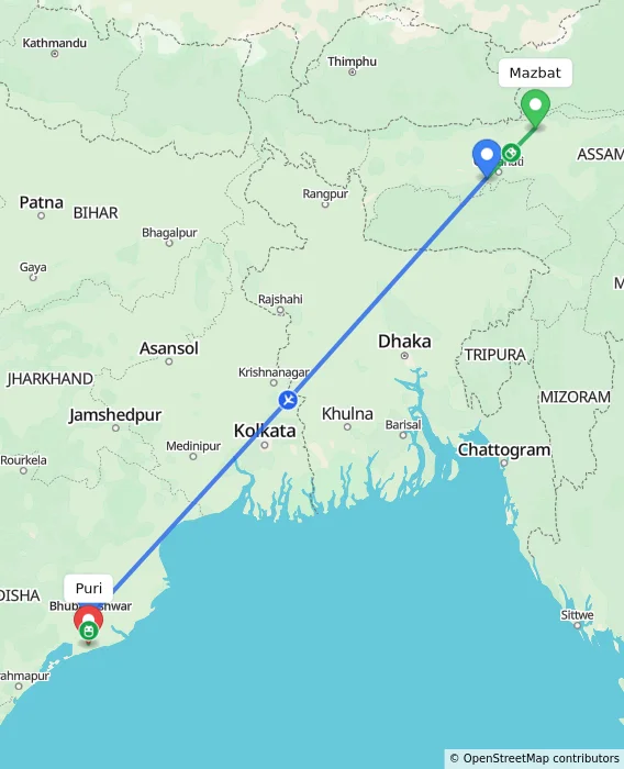 Route map showing distance and travel time from Mazbat, India to Puri, India