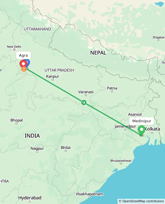 Route map showing distance and travel time from Medinipur, India to Agra, India