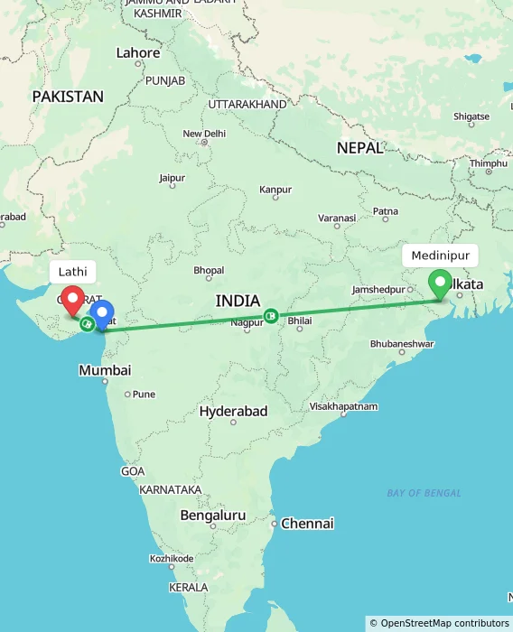 Route map showing distance and travel time from Medinipur, India to Lathi, India