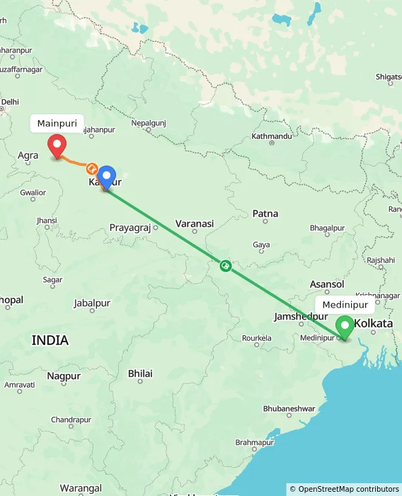 Route map showing distance and travel time from Medinipur, India to Mainpuri, India
